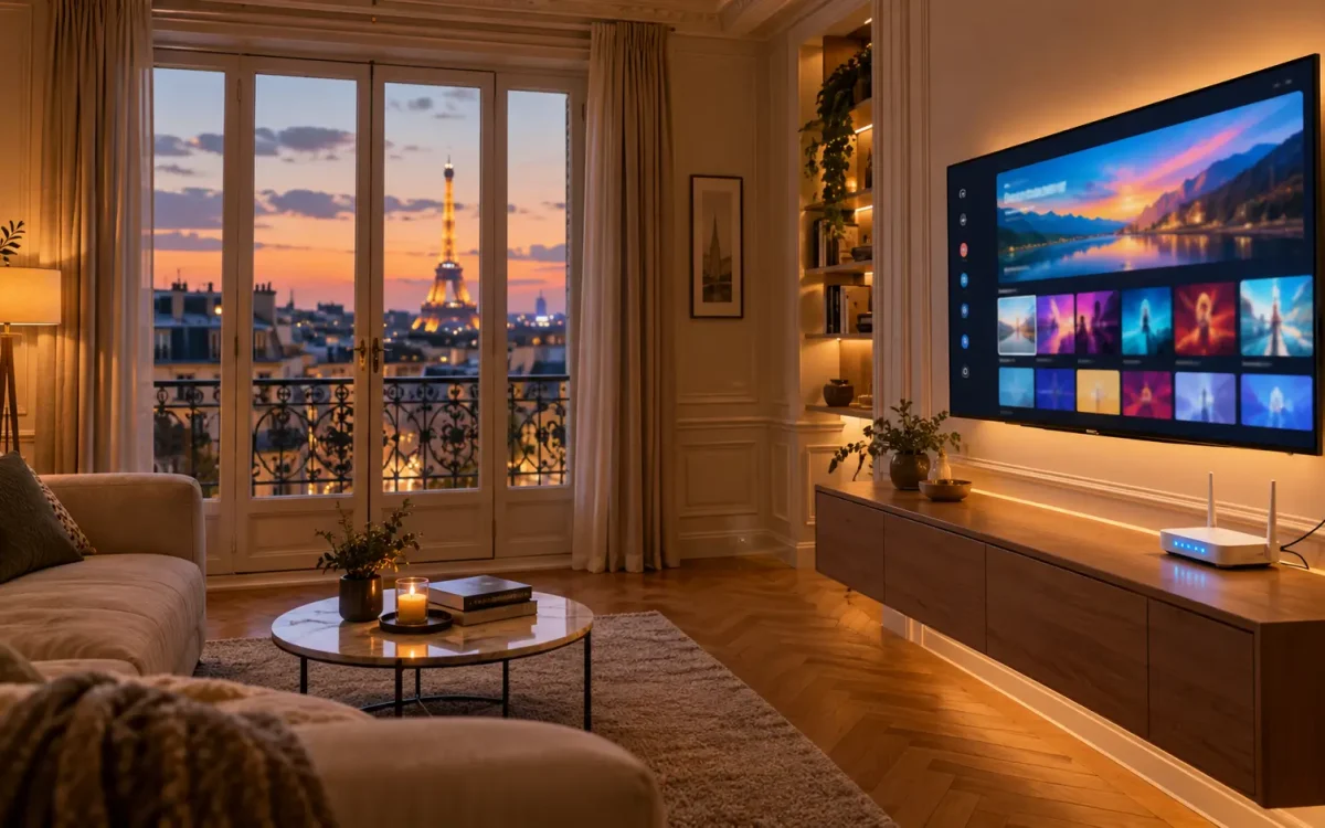 Pure IPTV Paris : salon d'appartement parisien avec Smart TV et box Wi-Fi