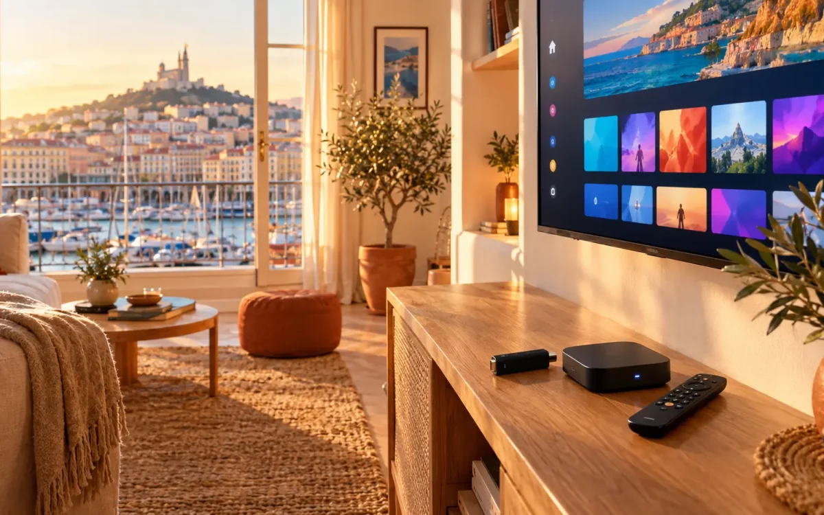 Pure IPTV Marseille : comparaison de boîtiers IPTV devant une Smart TV