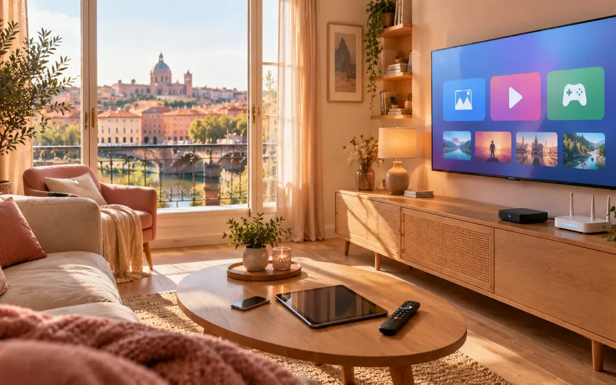Pure IPTV Toulouse : salon avec Smart TV, smartphone et tablette pour débuter l'IPTV