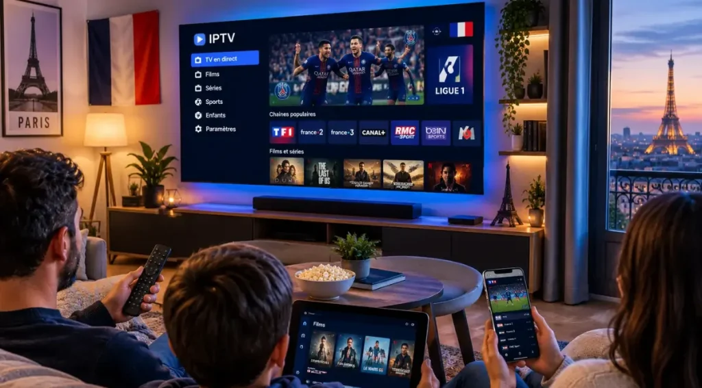 Famille regardant Pure IPTV en France sur Smart TV, tablette et smartphone